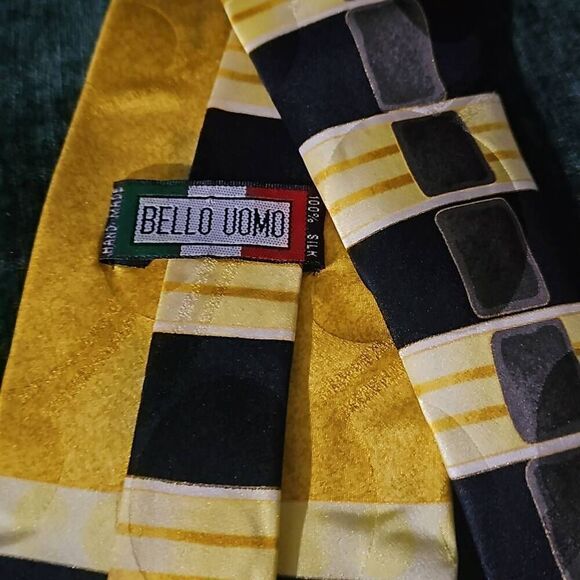 Bello Uomo Hand Made 100% Silk Tie. Yellow, black and gray art deco. - Picture 3 of 7